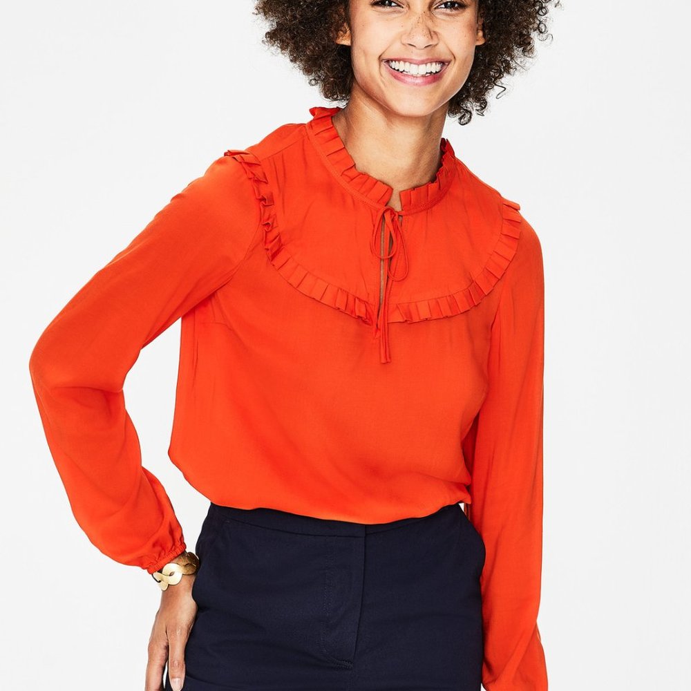 BODEN Betsy Long Sleeve Ruffle Tie Trim Blouse RED POP